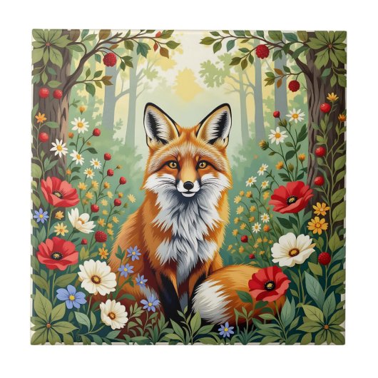 Fuchs-Wildblumen-Wald-Illustration Fliese (Vorderseite)