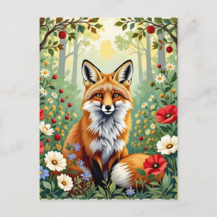 Fuchs-Wildblumen-Wald-Illustration Postkarte