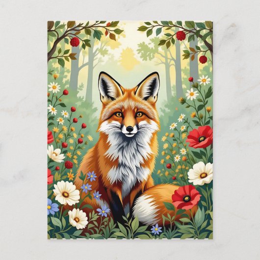 Fuchs-Wildblumen-Wald-Illustration Postkarte (Vorderseite)