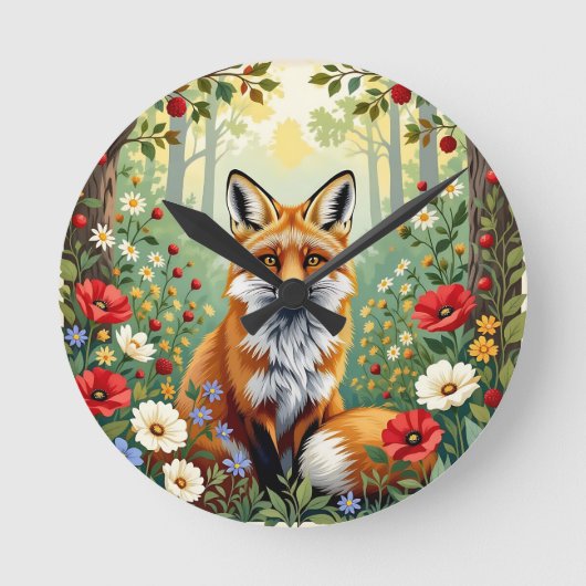 Fuchs-Wildblumen-Wald-Illustration Runde Wanduhr (Vorderseite)
