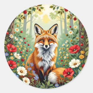 Fuchs-Wildblumen-Wald-Illustration Runder Aufkleber