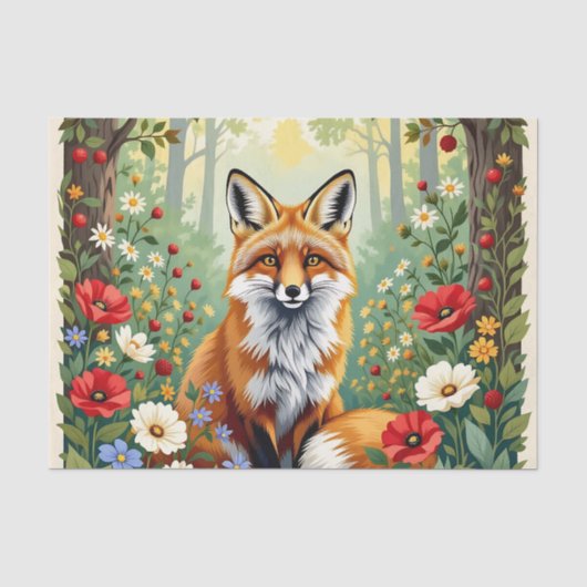 Fuchs-Wildblumen-Wald-Illustration Seidenpapier (Vorderseite)