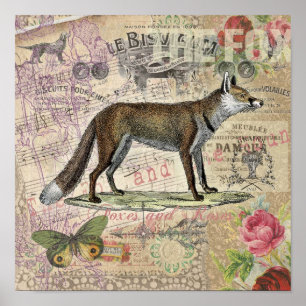 Fuchs-Wildlife-Collage Vintage-Illustration Poster