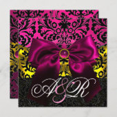 FUCHSA RIBBON GOLD PINK BLACK DAMASK MONOGRAMM EINLADUNG (Vorne/Hinten)