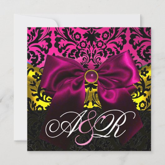 FUCHSA RIBBON GOLD PINK BLACK DAMASK MONOGRAMM EINLADUNG (Vorderseite)