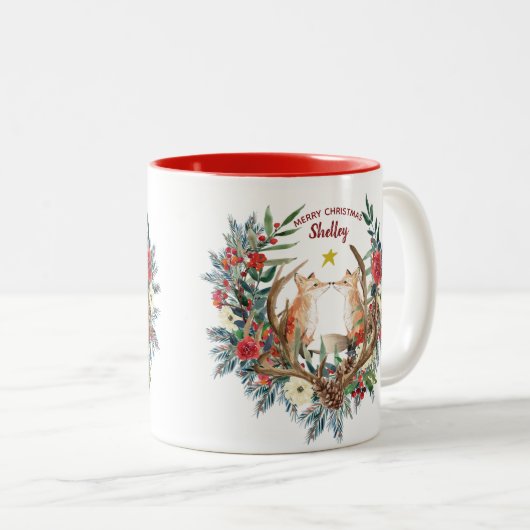 Fuchsbeeren-Kranz der frohen Weihnachten Zweifarbige Tasse (VorderseiteRechts)
