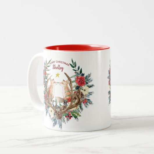 Fuchsbeeren-Kranz der frohen Weihnachten Zweifarbige Tasse (Vorderseite Links)