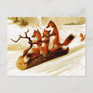 Füchse beim Schlittenfahren durch den Schnee auf e Postkarte