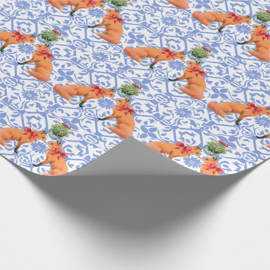 Füchse Küssen unter Mistletoe Blue Chinoiserie Geschenkpapier (Ecke)