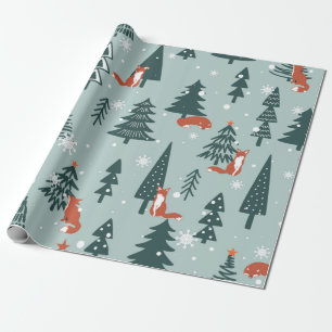 Füchse, Tannen, Schnee, handgezeichnet. Farbnaht Geschenkpapier