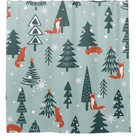 Füchse, Tannen, Winter, bunte Muster Duschvorhang (Vorderseite)