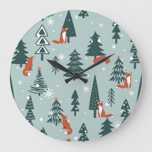 Füchse, Tannen, Winter, bunte Muster Große Wanduhr