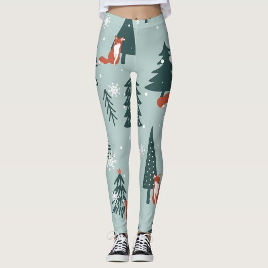 Füchse, Tannen, Winter, bunte Muster Leggings (Vorderseite)