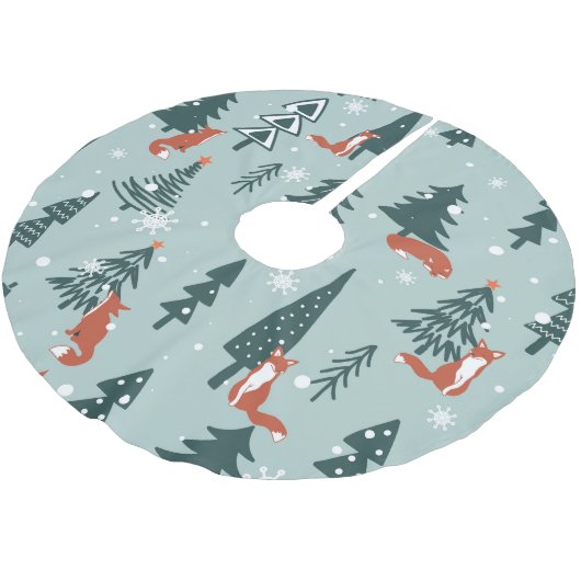 Füchse, Tannen, Winter, bunte Muster Polyester Weihnachtsbaumdecke (Schrägansicht)