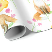 Füchse und Blume Rosa Gelbe Minze Wasserfarbe Geschenkpapier (Rolleneckpunkt)