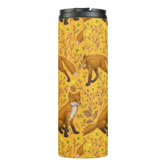 Füchse und Buttercups auf Orange Thermosbecher (Rückseite)