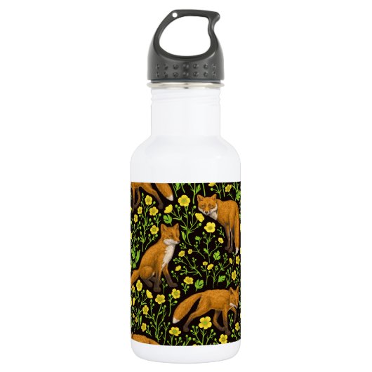 Füchse und Buttercups auf schwarz Edelstahlflasche (Vorderseite)