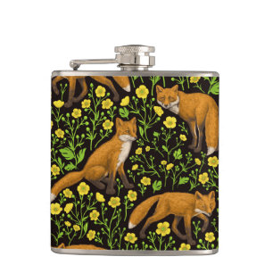 Füchse und Buttercups auf schwarz Flachmann