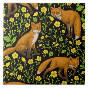 Füchse und Buttercups auf schwarz Fliese