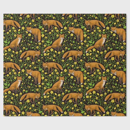 Füchse und Buttercups auf schwarz Geschenkpapier (Flach)