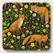 Füchse und Buttercups auf schwarz Getränkeuntersetzer (Vorderseite)