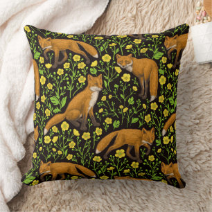 Füchse und Buttercups auf schwarz Kissen