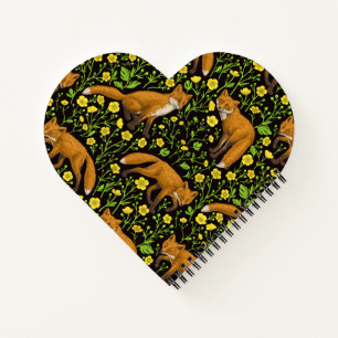 Füchse und Buttercups auf schwarz Notizblock