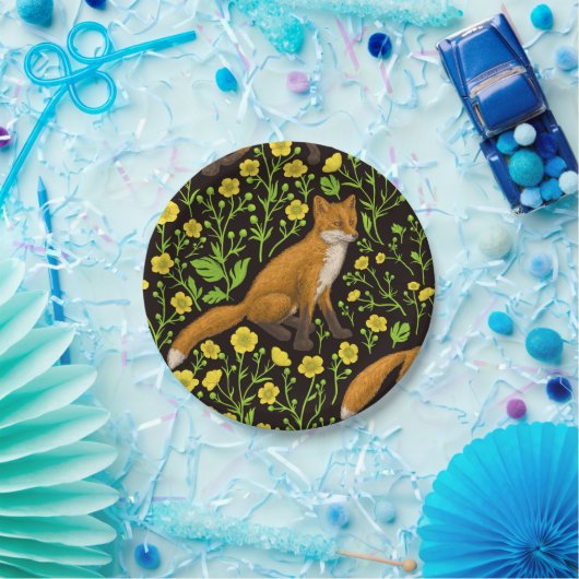 Füchse und Buttercups auf schwarz Pappteller (Party)