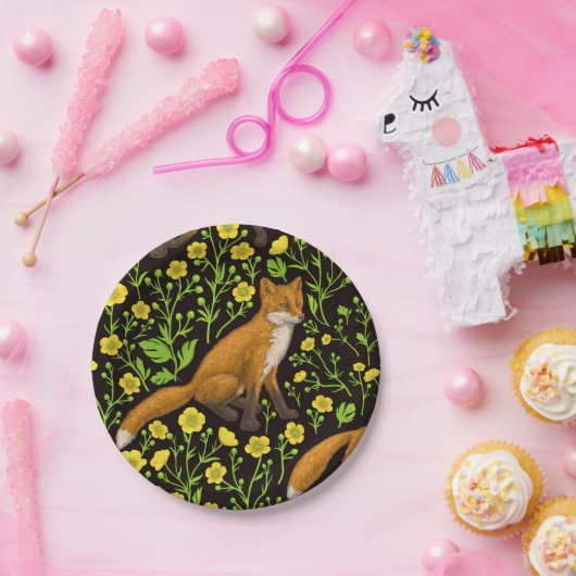 Füchse und Buttercups auf schwarz Pappteller (Party)