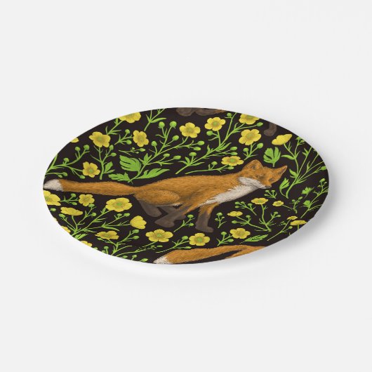 Füchse und Buttercups auf schwarz Pappteller (Schrägansicht)