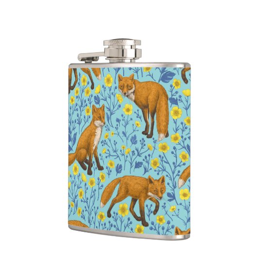 Füchse und Buttercups in Poolblau Flachmann (Links)