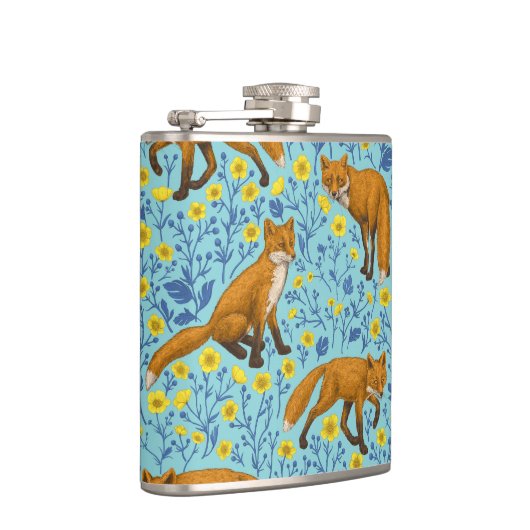 Füchse und Buttercups in Poolblau Flachmann (Rechts)