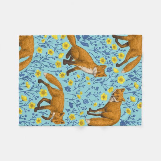 Füchse und Buttercups in Poolblau Fleecedecke (Vorderseite (Horizontal))