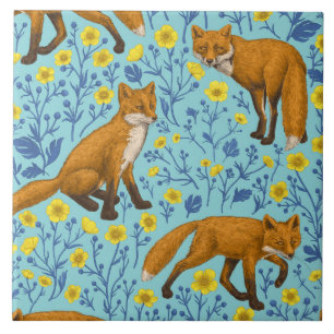 Füchse und Buttercups in Poolblau Fliese