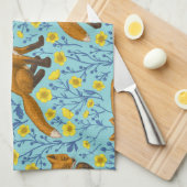 Füchse und Buttercups in Poolblau Geschirrtuch (Viertel Falte)