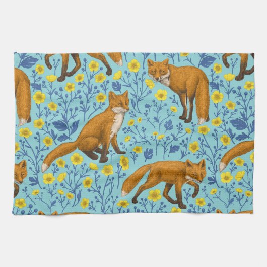 Füchse und Buttercups in Poolblau Geschirrtuch (Horizontal)