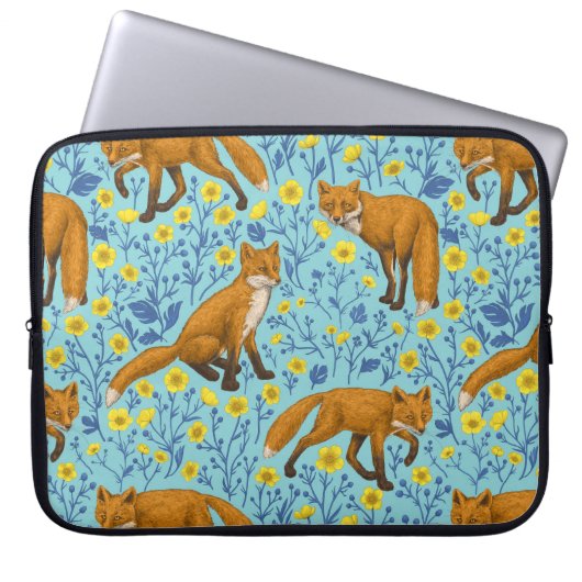 Füchse und Buttercups in Poolblau Laptopschutzhülle (Vorderseite)