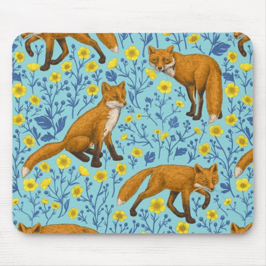 Füchse und Buttercups in Poolblau Mousepad (Vorne)