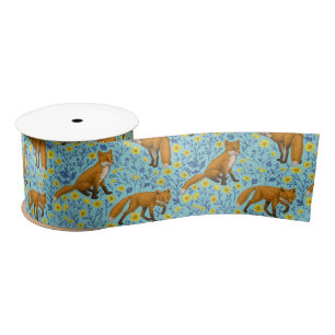 Füchse und Buttercups in Poolblau Satinband