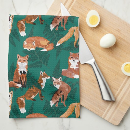 Füchse und Farne Geschirrtuch (Viertel Falte)