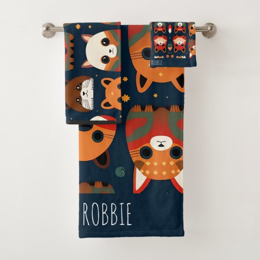 Füchse und Katzen im Wald Retro Muster Badhandtuch Set (Insitu)