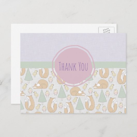 Füchse Vögel und Bäume whimsical Muster Vielen Dan Postkarte (Vorne/Hinten)