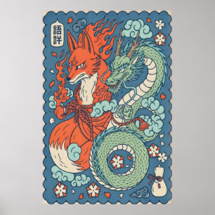 Fuchsgeist und Drachen-Druck japanisch inspirierte Poster