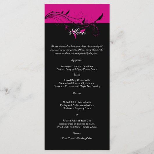 Fuchsia and Black Floral Filigree Wedding Menu Menükarte (Vorderseite)