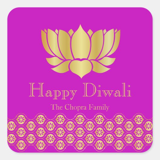 Fuchsia and Gold Diwali Gastgeschenk Quadratischer Aufkleber (Vorderseite)