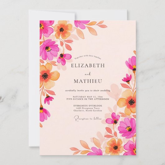 Fuchsia Apricot Radiant Watercolor Wedding Einladung (Vorderseite)
