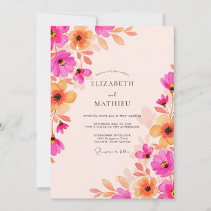Fuchsia Aprikot Strahlende Wasserfarben-Hochzeit Einladung