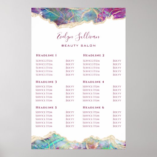 Fuchsia Aquamarine Opal Design Preisliste Poster (Vorne)