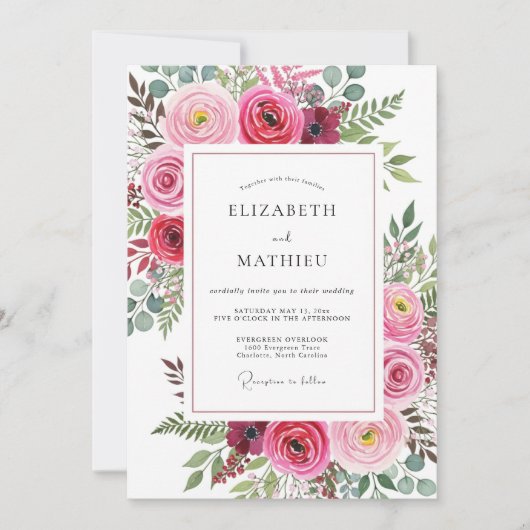 Fuchsia Aquarell Hochzeit Einladung (Vorderseite)