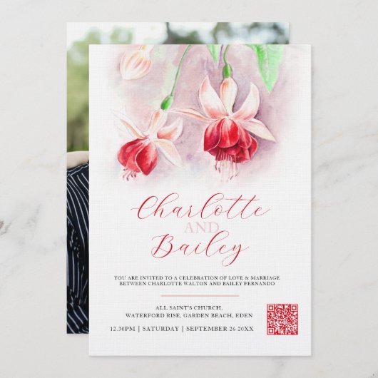 Fuchsia Aquarell Rosa Foto Einladung (Vorne/Hinten)